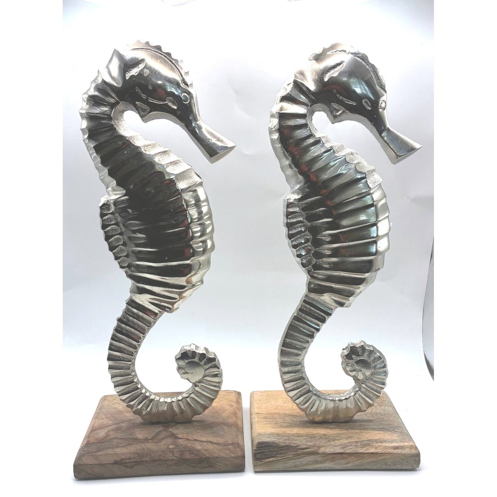 Decorative Seahorse Statues 12in Silver Tone Wood Base Set of 2 Coastal Decor